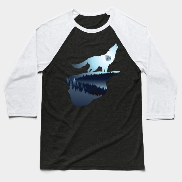 Wolf Howling in the Night Dark Forest Baseball T-Shirt by AnnArtshock